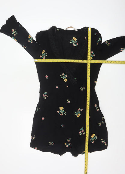 Zara Women Black Floral V-Neck Lace Trim Long Sleeve Playsuit Size S