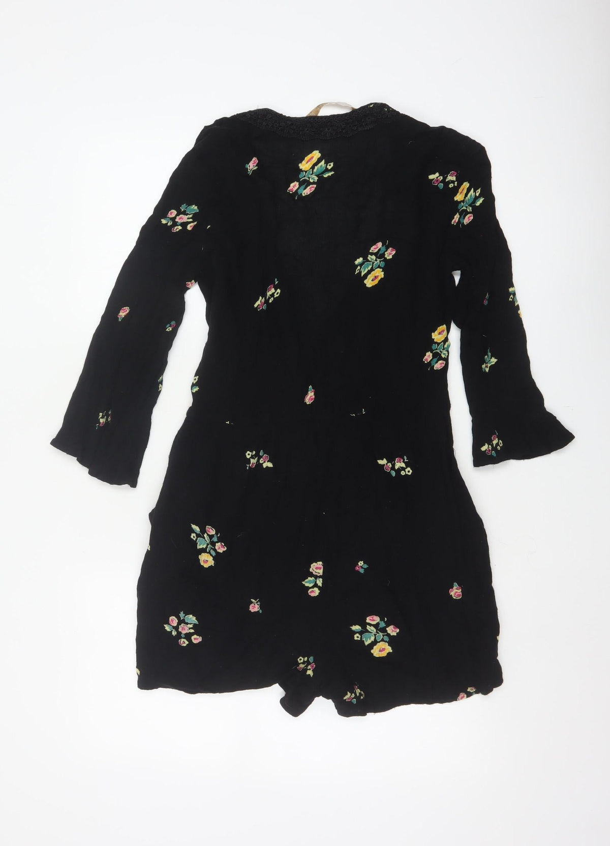Zara Women Black Floral V-Neck Lace Trim Long Sleeve Playsuit Size S