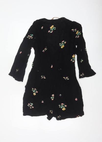 Zara Women Black Floral V-Neck Lace Trim Long Sleeve Playsuit Size S