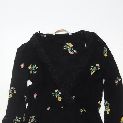 Zara Women Black Floral V-Neck Lace Trim Long Sleeve Playsuit Size S