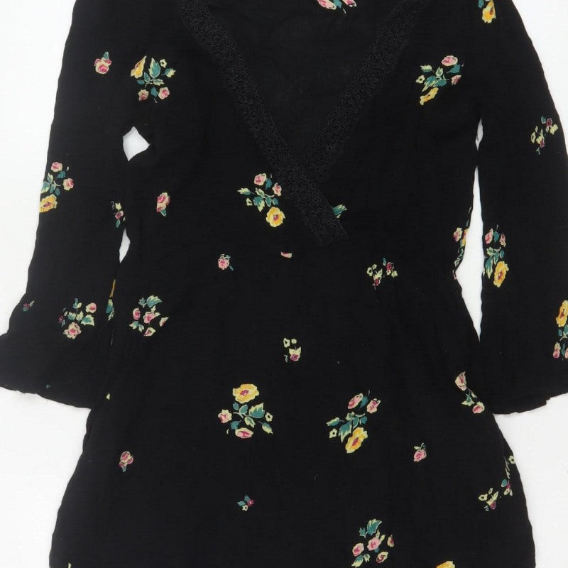 Zara Women Black Floral V-Neck Lace Trim Long Sleeve Playsuit Size S