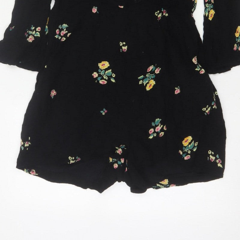 Zara Women Black Floral V-Neck Lace Trim Long Sleeve Playsuit Size S