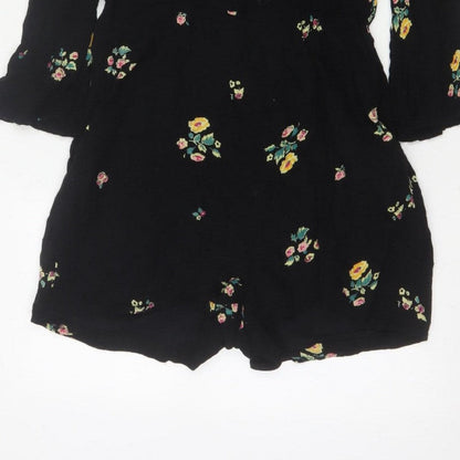 Zara Women Black Floral V-Neck Lace Trim Long Sleeve Playsuit Size S