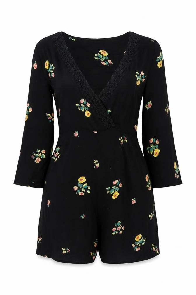 Zara Women Black Floral V-Neck Lace Trim Long Sleeve Playsuit Size S