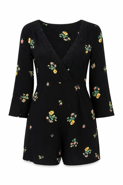 Zara Women Black Floral V-Neck Lace Trim Long Sleeve Playsuit Size S