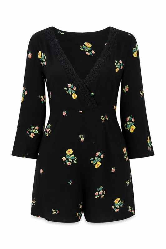 Zara Women Black Floral V-Neck Lace Trim Long Sleeve Playsuit Size S