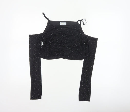 Quiz Women’s Black UK 16 Cropped Cold Shoulder Rhinestone Blouse