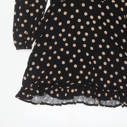Roman Women Black Beige Polka Dot Fit & Flare Knee Dress UK 12
