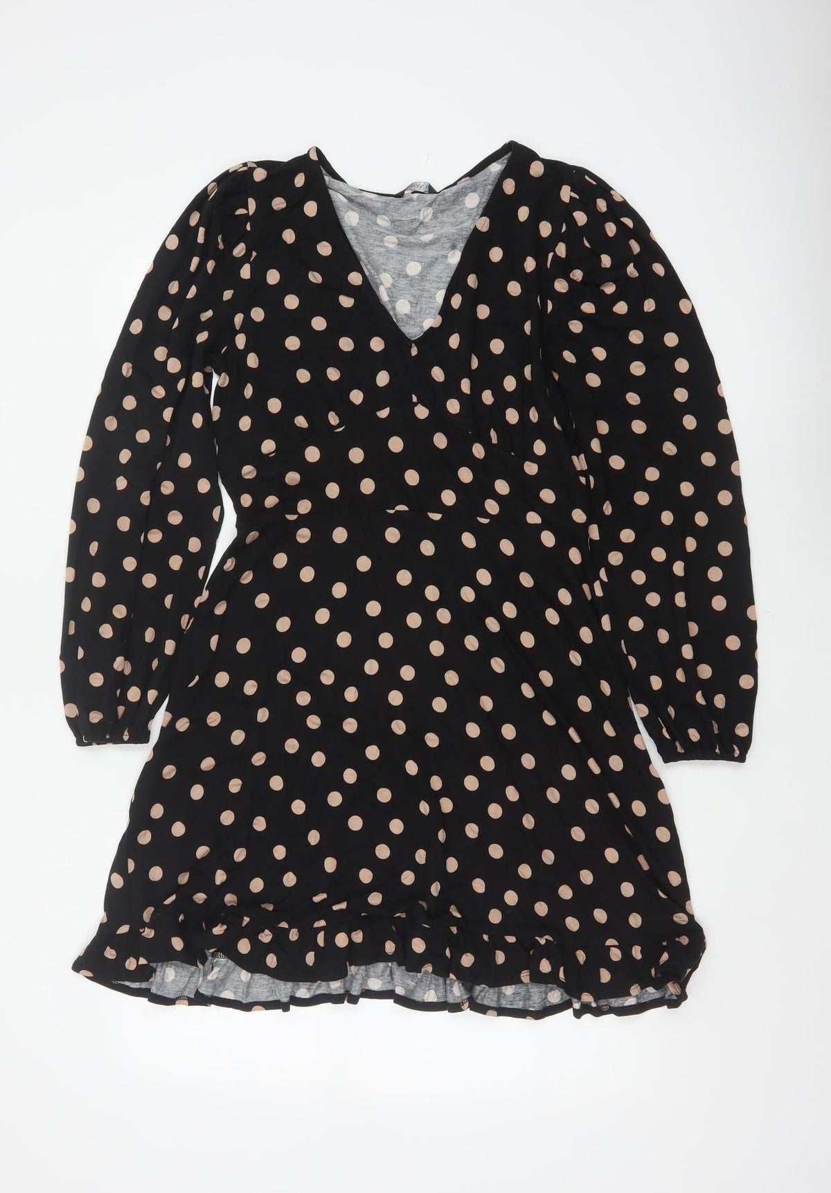 Roman Women Black Beige Polka Dot Fit & Flare Knee Dress UK 12