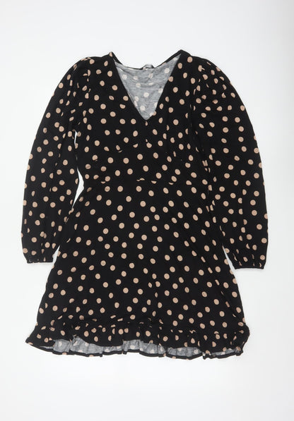 Roman Women Black Beige Polka Dot Fit & Flare Knee Dress UK 12