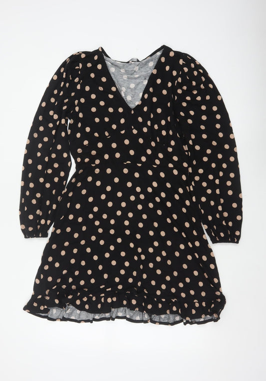 Roman Women Black Beige Polka Dot Fit & Flare Knee Dress UK 12