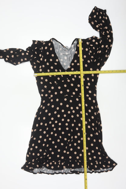 Roman Women Black Beige Polka Dot Fit & Flare Knee Dress UK 12