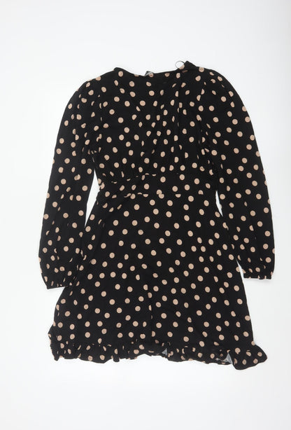 Roman Women Black Beige Polka Dot Fit & Flare Knee Dress UK 12
