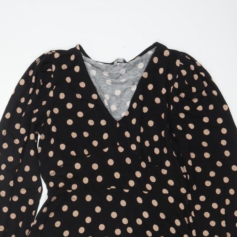 Roman Women Black Beige Polka Dot Fit & Flare Knee Dress UK 12