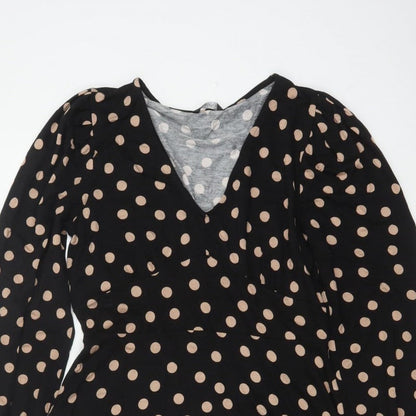 Roman Women Black Beige Polka Dot Fit & Flare Knee Dress UK 12