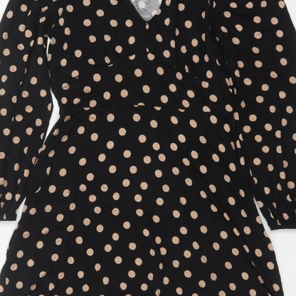 Roman Women Black Beige Polka Dot Fit & Flare Knee Dress UK 12