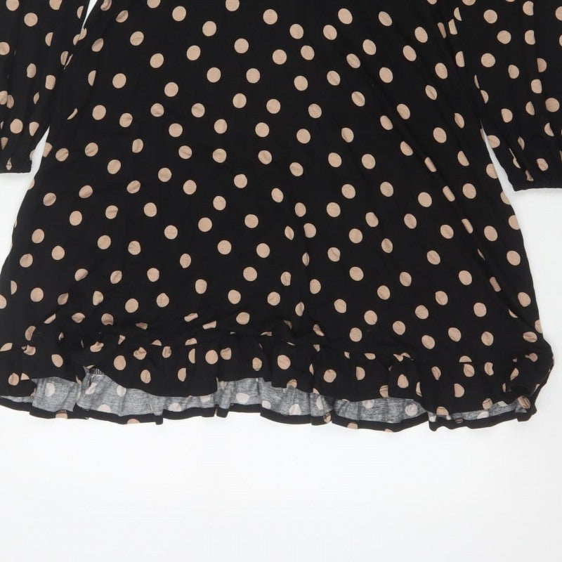 Roman Women Black Beige Polka Dot Fit & Flare Knee Dress UK 12