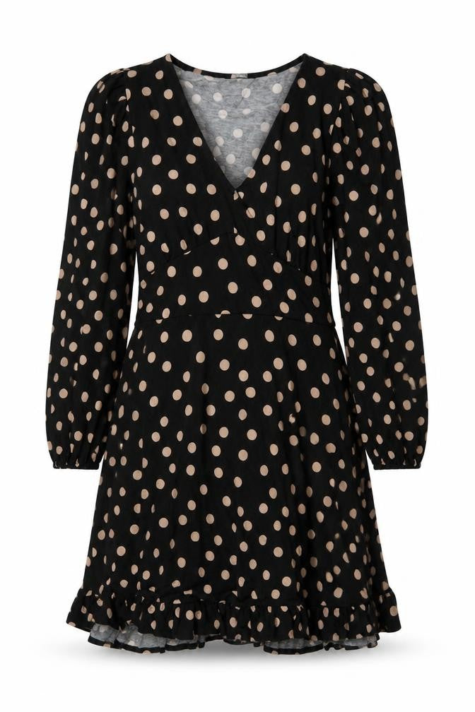Roman Women Black Beige Polka Dot Fit & Flare Knee Dress UK 12