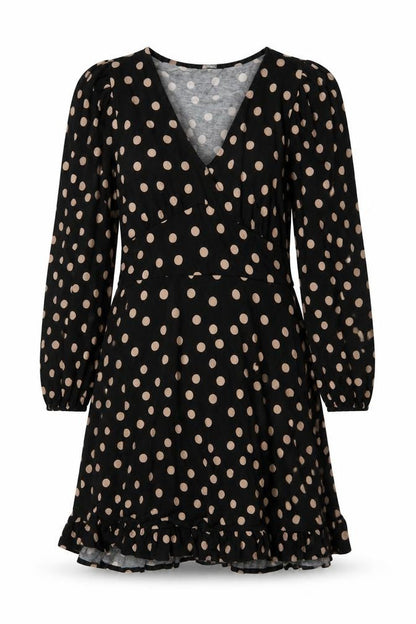Roman Women Black Beige Polka Dot Fit & Flare Knee Dress UK 12