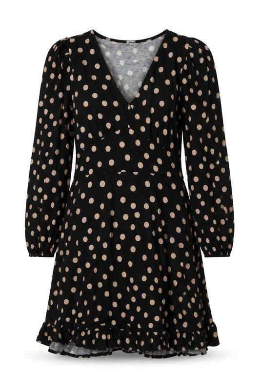 Roman Women Black Beige Polka Dot Fit & Flare Knee Dress UK 12