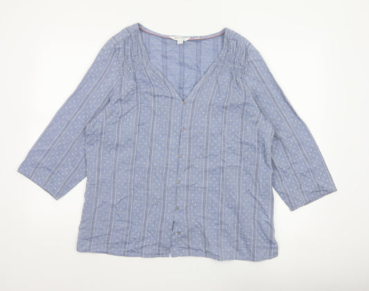 White Stuff Women Blue UK 16 Striped Cotton Button-Up V-Neck Blouse
