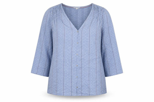White Stuff Women Blue UK 16 Striped Cotton Button-Up V-Neck Blouse