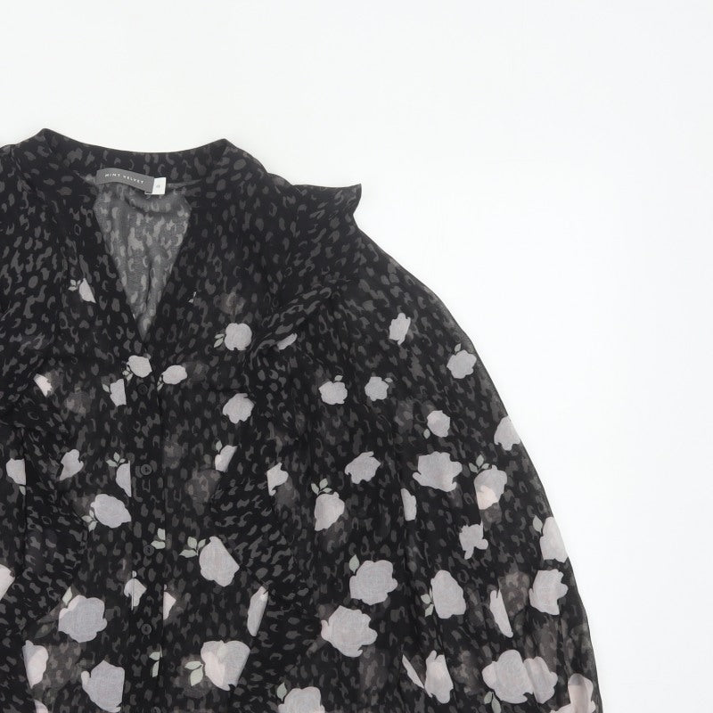 Mint Velvet Women’s Black Floral Chiffon Blouse Size 10 V-Neck