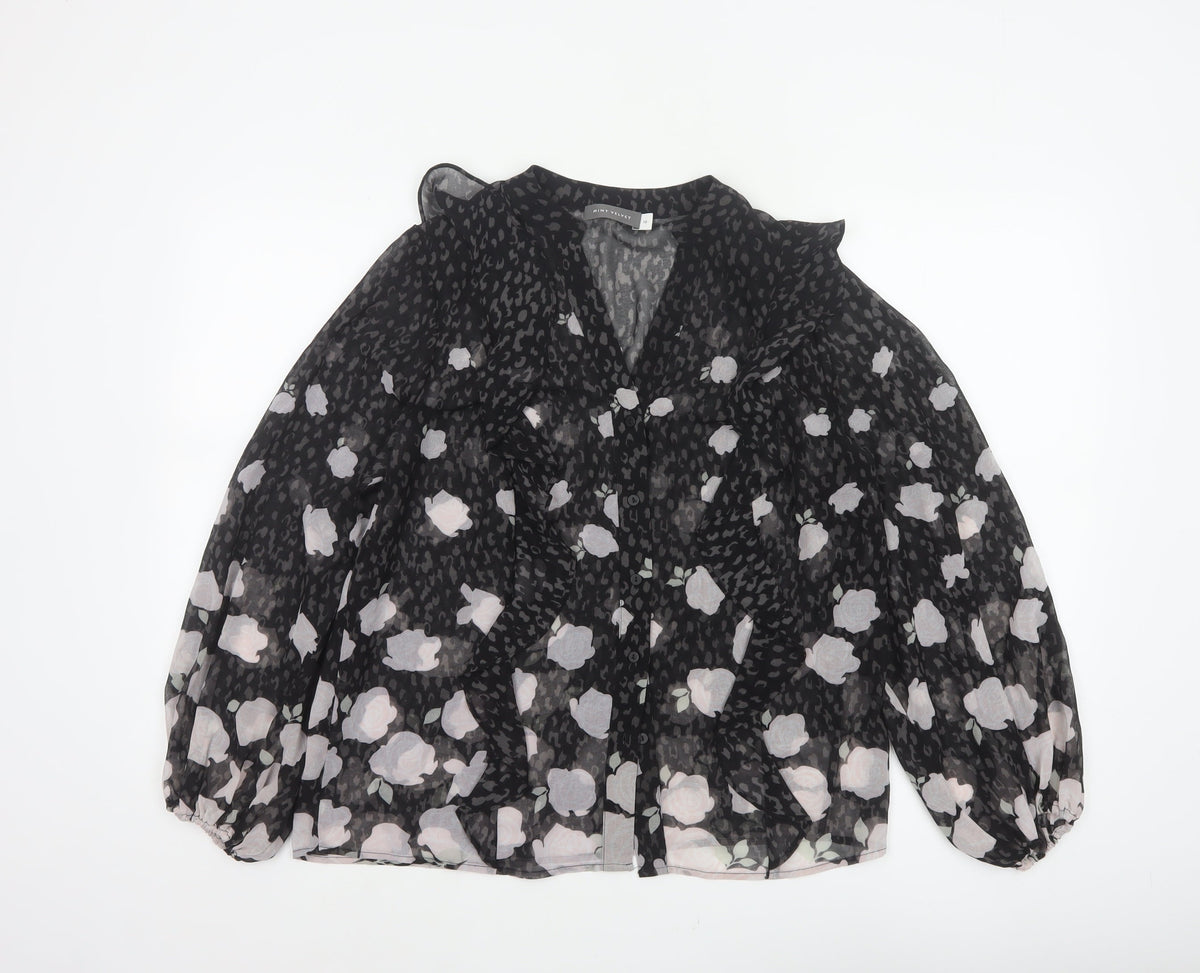 Mint Velvet Women’s Black Floral Chiffon Blouse Size 10 V-Neck