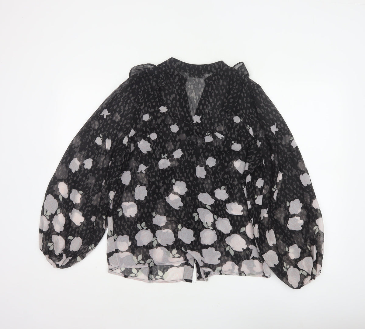 Mint Velvet Women’s Black Floral Chiffon Blouse Size 10 V-Neck