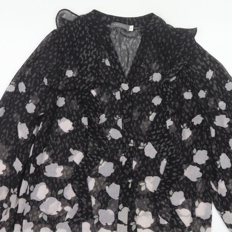 Mint Velvet Women’s Black Floral Chiffon Blouse Size 10 V-Neck