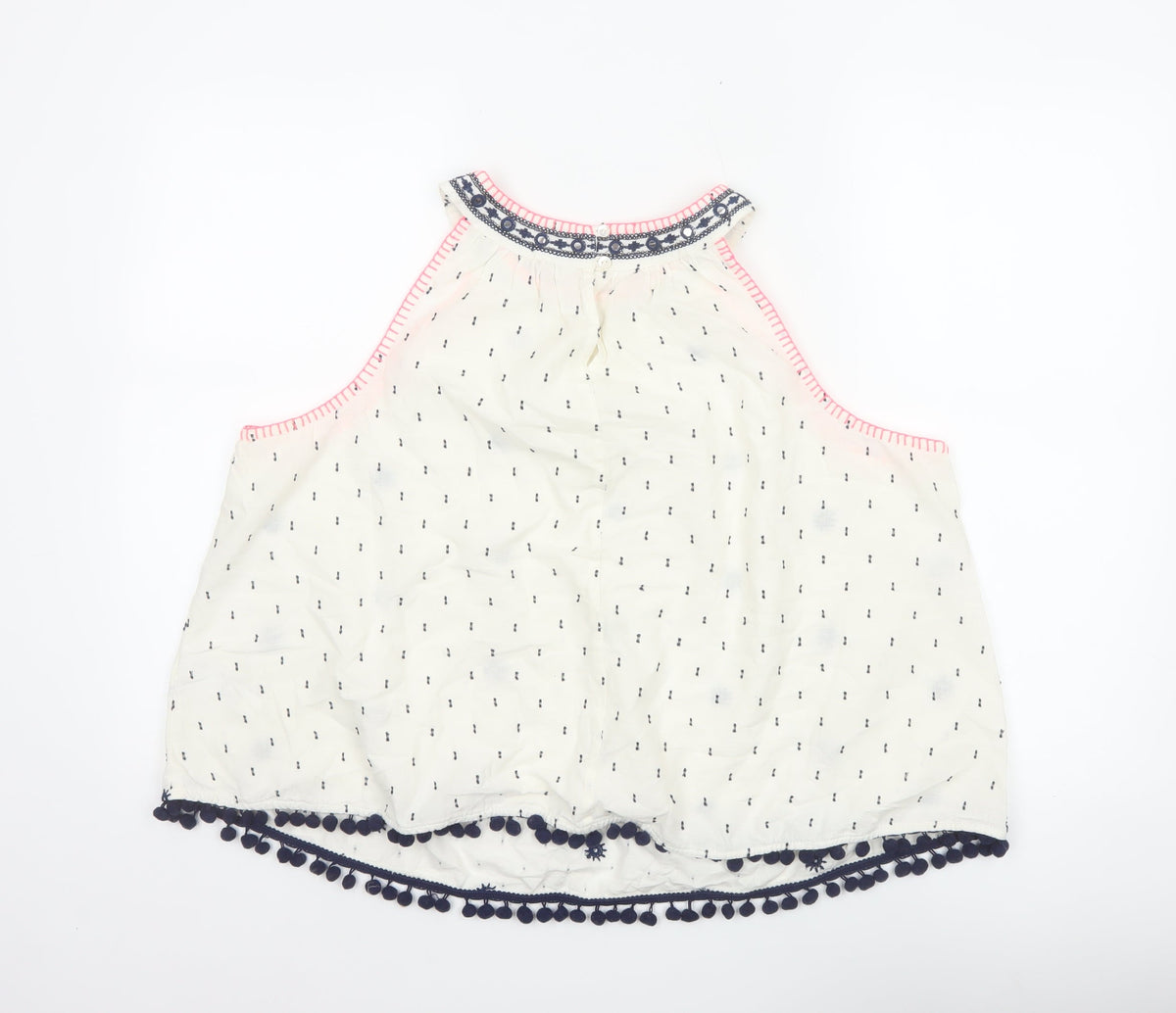 Monsoon Beach Women Ivory L Linen Cold Shoulder Pom Pom Tank Top