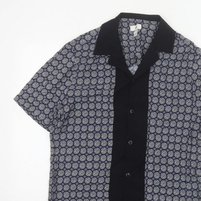 River Island Men’s Blue M Geometric Print Short Sleeve Button-Up Shirt