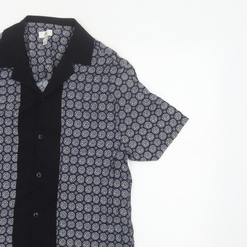 River Island Men’s Blue M Geometric Print Short Sleeve Button-Up Shirt