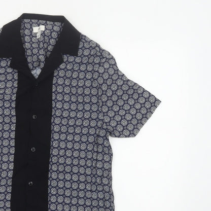 River Island Men’s Blue M Geometric Print Short Sleeve Button-Up Shirt