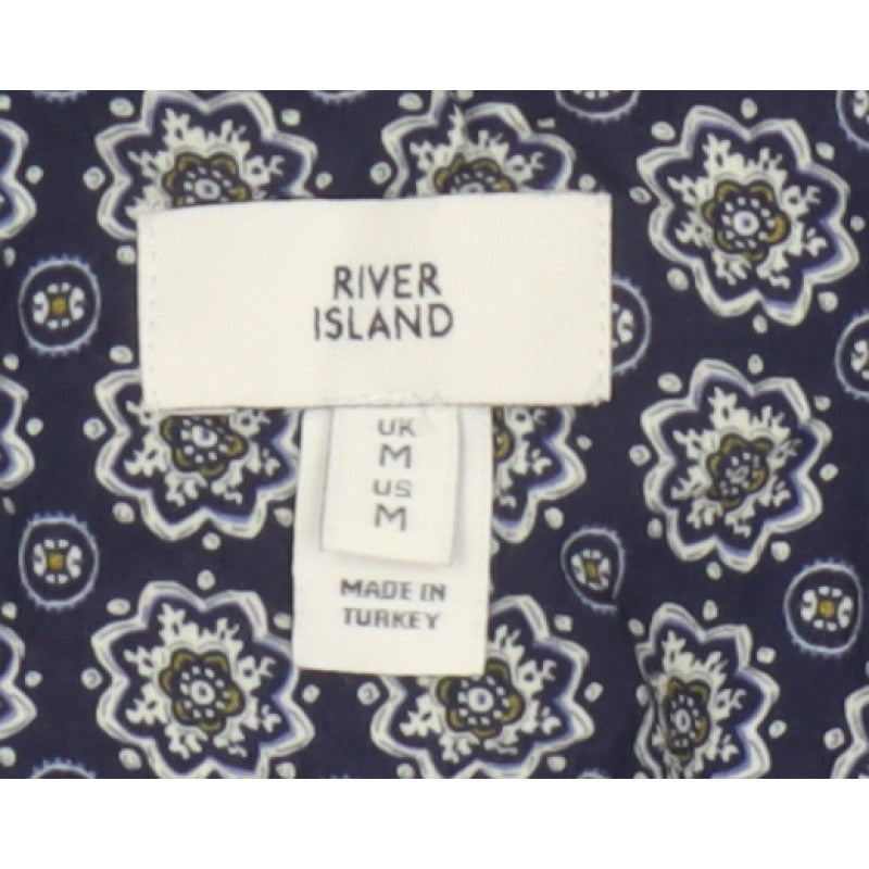 River Island Men’s Blue M Geometric Print Short Sleeve Button-Up Shirt