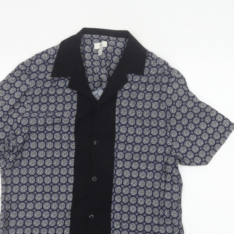River Island Men’s Blue M Geometric Print Short Sleeve Button-Up Shirt