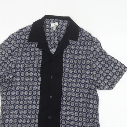 River Island Men’s Blue M Geometric Print Short Sleeve Button-Up Shirt
