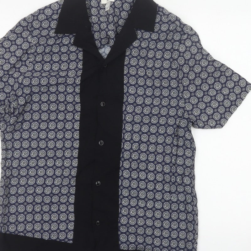 River Island Men’s Blue M Geometric Print Short Sleeve Button-Up Shirt