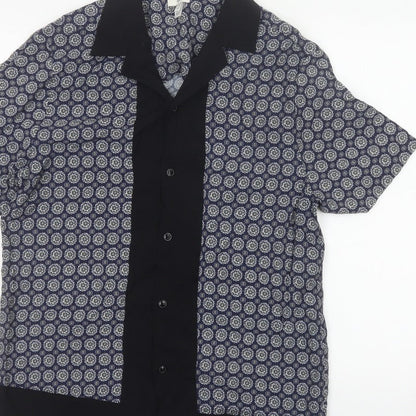 River Island Men’s Blue M Geometric Print Short Sleeve Button-Up Shirt