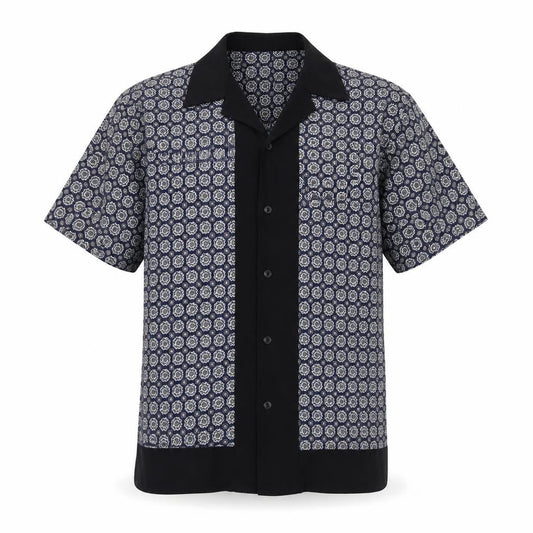 Front view of River Island Men’s Blue M Geometric Print Short Sleeve Button-Up Shirt
