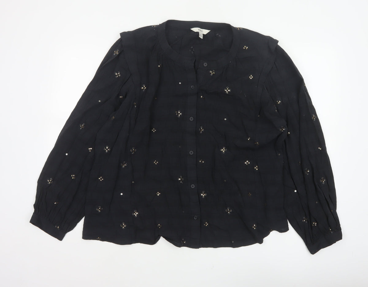Marks and Spencer Women Black UK 20 Sequin Floral Button-Up Blouse
