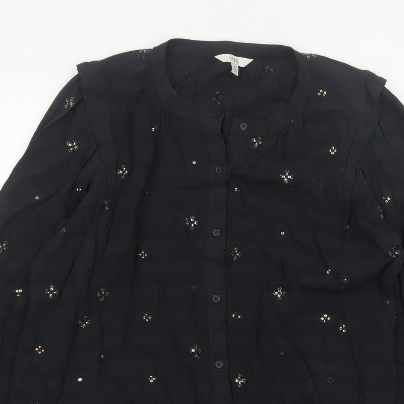 Marks and Spencer Women Black UK 20 Sequin Floral Button-Up Blouse