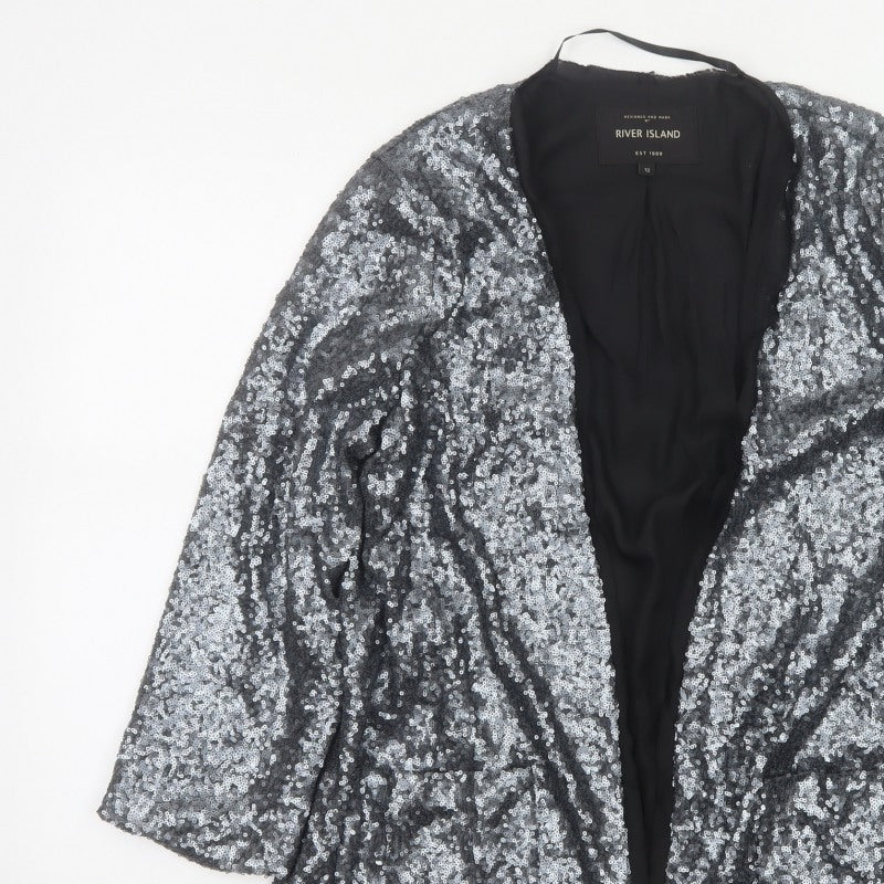 River Island Women’s Silver Sequin Open Party Jacket UK 12