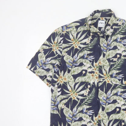 Zara Men Blue L Tropical Floral Hawaiian Short Sleeve Button-Up Shirt