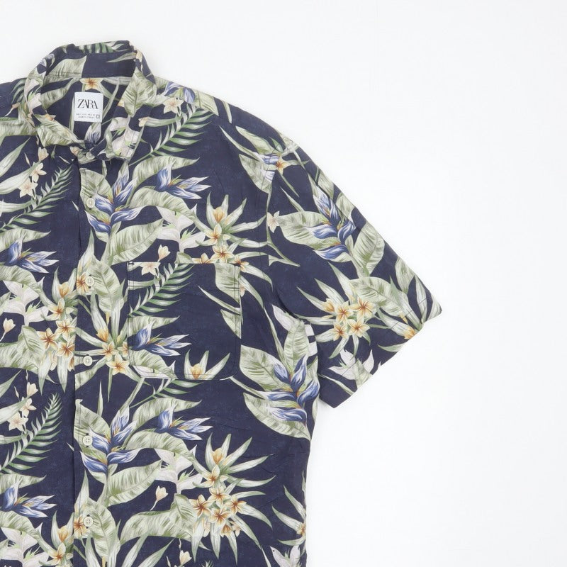 Zara Men Blue L Tropical Floral Hawaiian Short Sleeve Button-Up Shirt