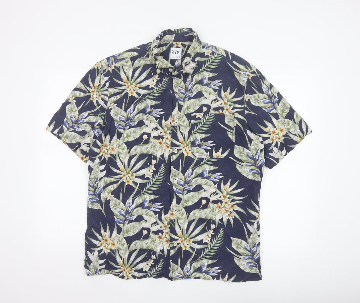 Zara Men Blue L Tropical Floral Hawaiian Short Sleeve Button-Up Shirt