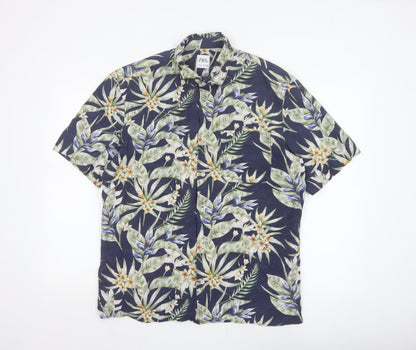Zara Men Blue L Tropical Floral Hawaiian Short Sleeve Button-Up Shirt