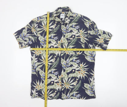 Zara Men Blue L Tropical Floral Hawaiian Short Sleeve Button-Up Shirt