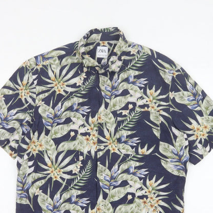 Zara Men Blue L Tropical Floral Hawaiian Short Sleeve Button-Up Shirt