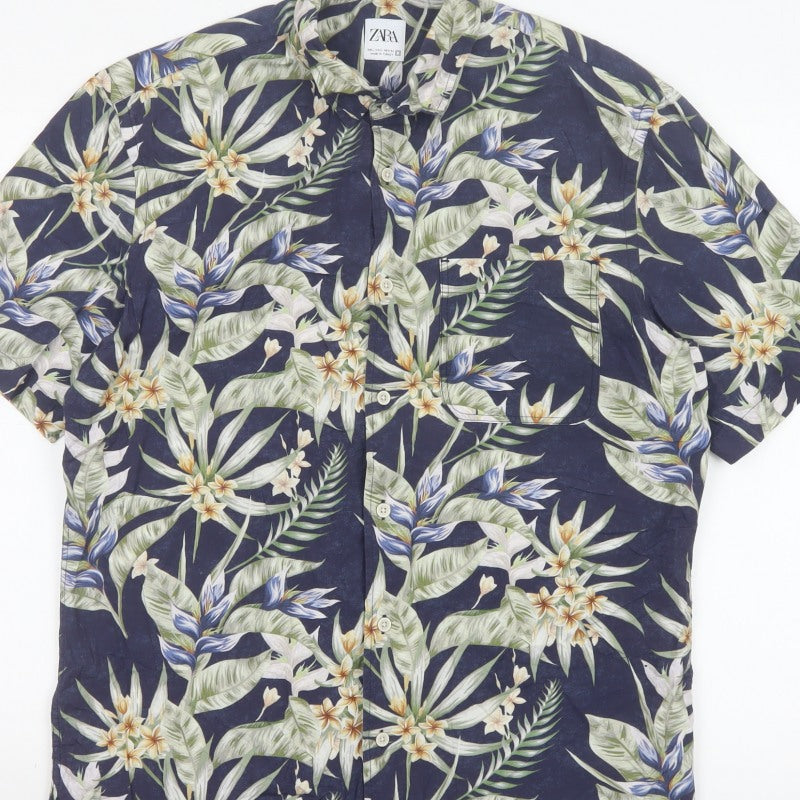Zara Men Blue L Tropical Floral Hawaiian Short Sleeve Button-Up Shirt